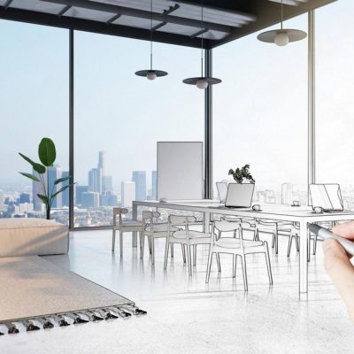 Sketched office interior in the UAE with desks, chairs and city skyline view